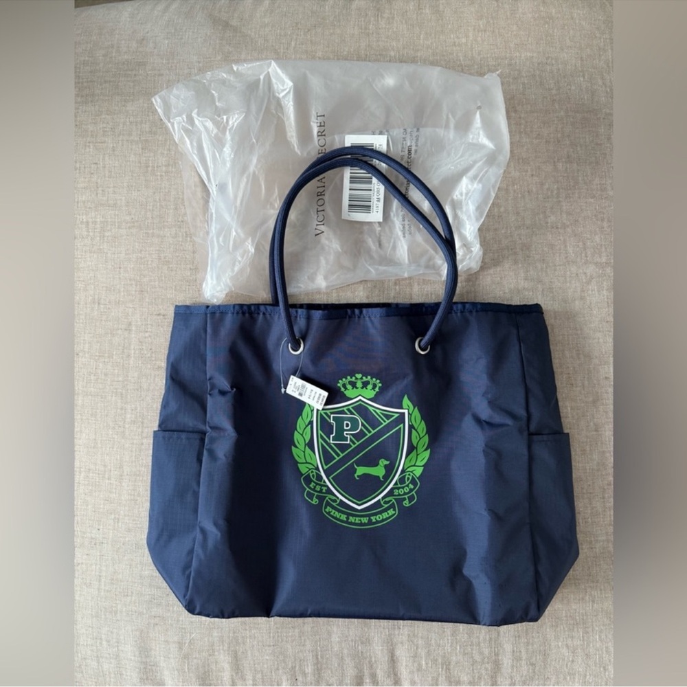 NWT Victoria's Secret Blue navy/green “pink new york” Tote Bag